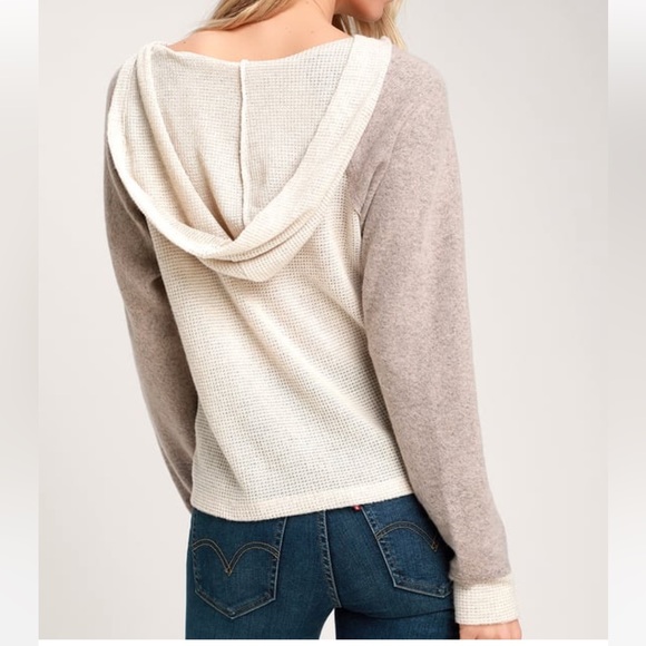 Lulus Reah Beige Color Block Hooded Sweater Top - Picture 3 of 5
